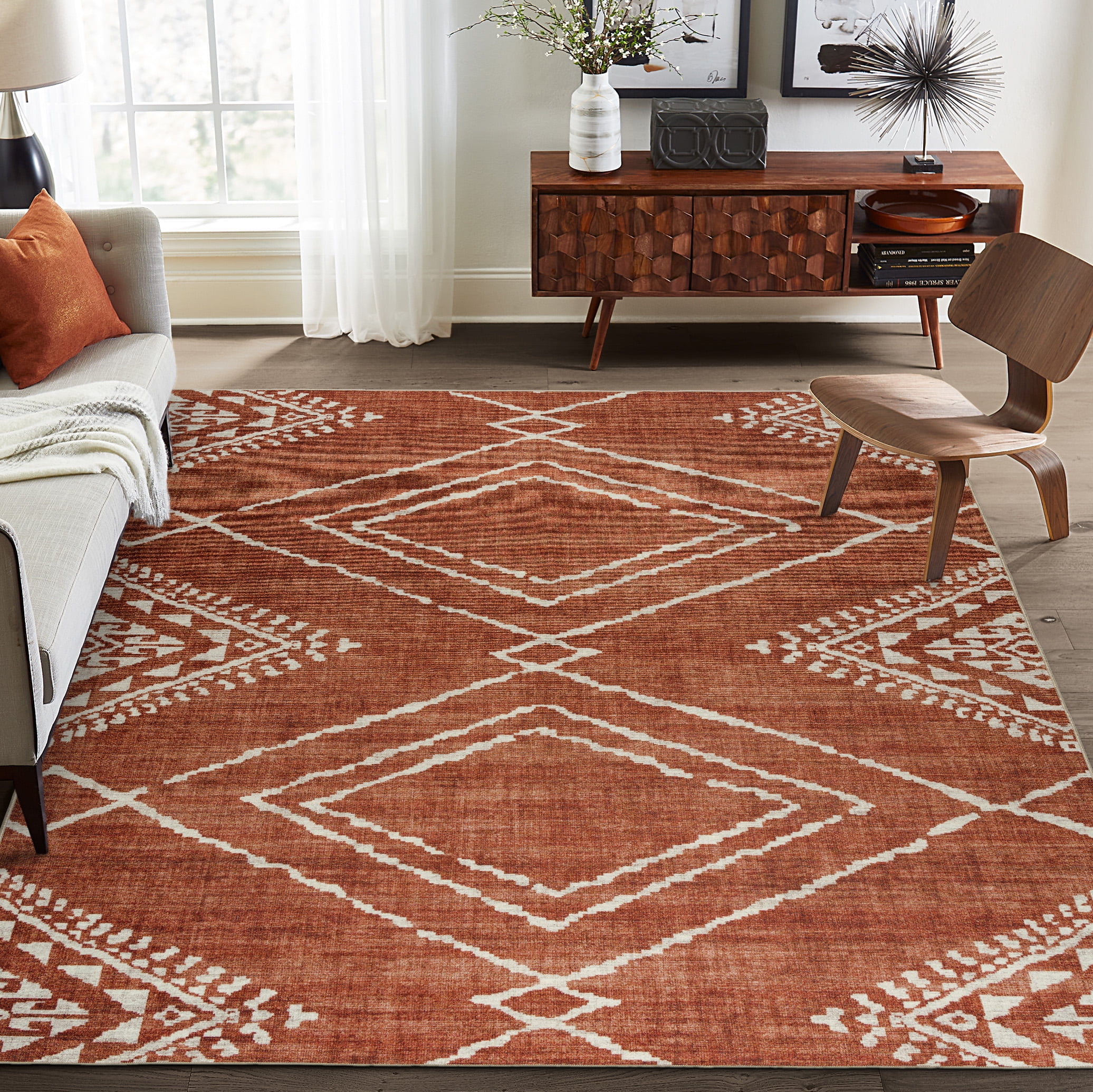ReaLife Rugs Machine Washable Area Rug - Living Room Bedroom Bathroom Kitchen Entryway Office - Padded Low Pile Stain Resistant Premium - Moroccan Diamond Tribal - Jax - Orange 5' x 7'