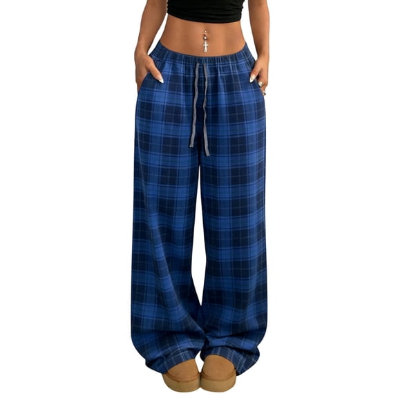 Yievot Plaid Wide Leg Pants for Women with Pockets Drawstring Elastic Waist Lounge Pants with Pockets