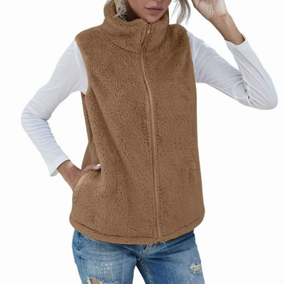 Women'S Turtle-Neck Sleeveless Warm Plush Vest with Zipper Autumn Winter Vest Jacket with Pockets Khaki S