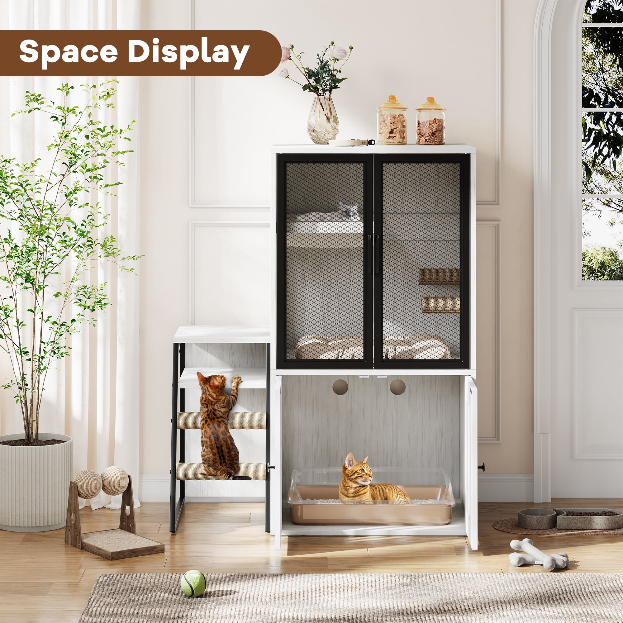 Roromall Cat Litter Box Enclosure for 2 Cats, Double Cat House with Doors & Storage Space, Enclosed Litter Box Furniture with Ladder