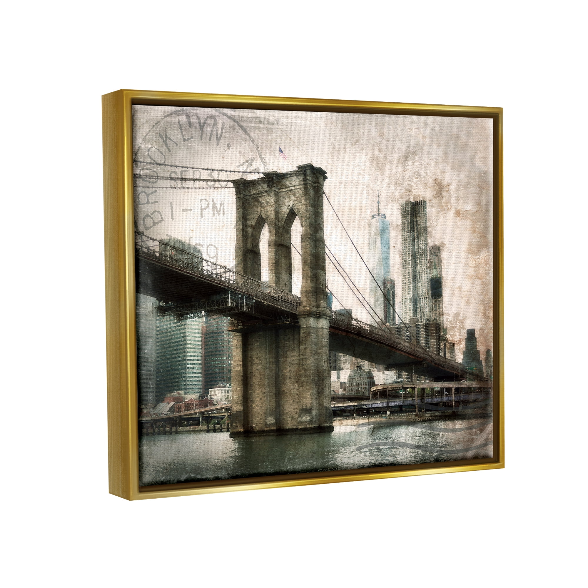 Stupell Industries Vintage Brooklyn Bridge Abstract Painting Gold Floater Framed Canvas Art Print Wall Art, 31 x 25