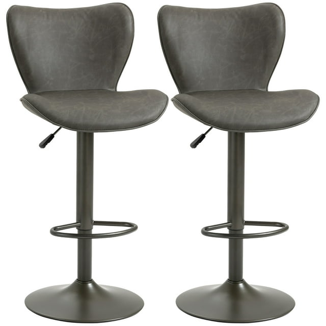 HOMCOM Tabourets de Bar Pivotants Lot de 2, Simili Cuir Hauteur de Comptoir Réglable avec Siège Large et Base Ronde en Acier, Repose-Pieds, Gris Foncé