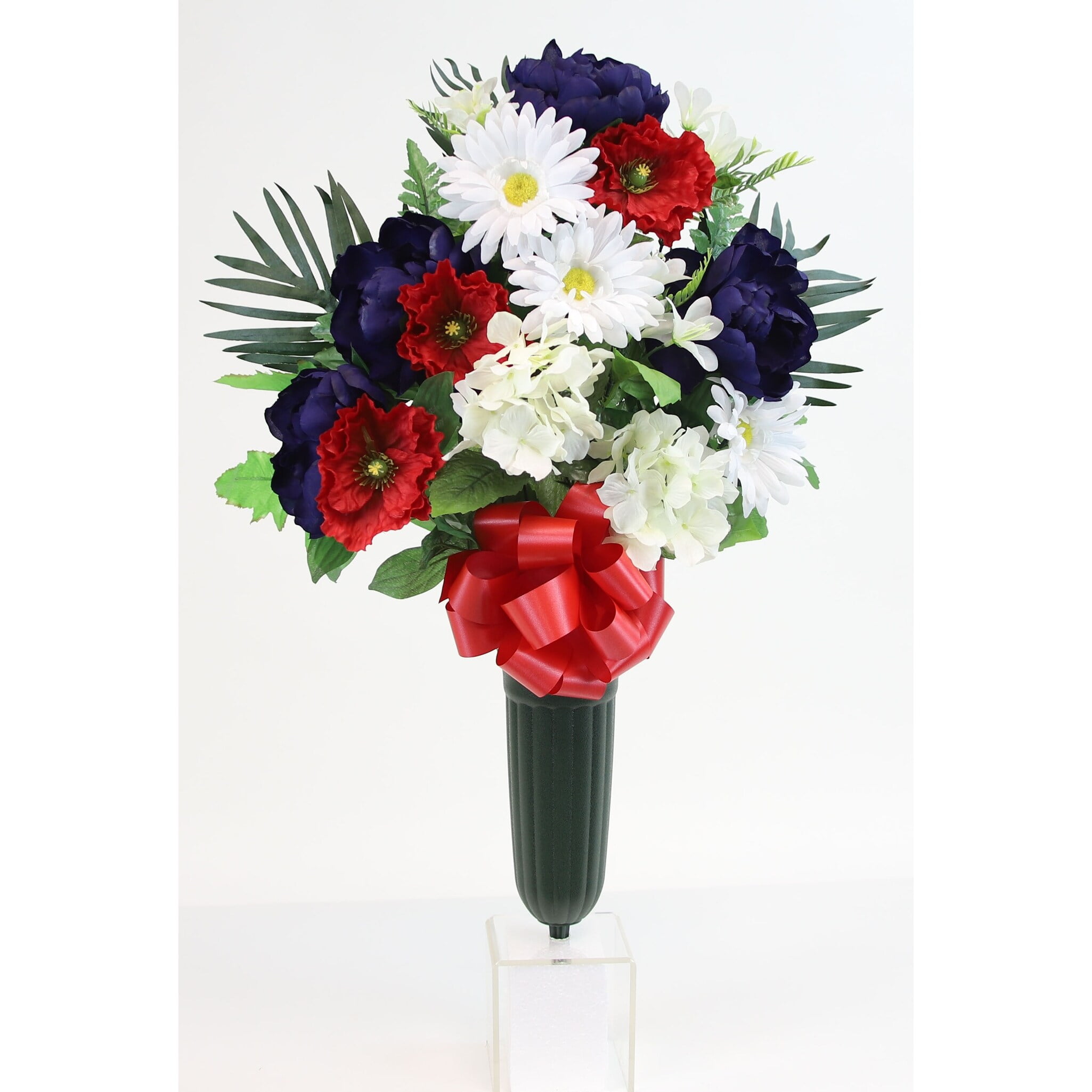 Flat Peony Mix X15 Cemetery Vase - N/A Yellow, Orange, Green, White