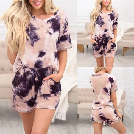 

LnjYIGJ Workout Sets for Women Womens Tie-dye Short Sleeve Pajama Set Night Lounge Top Short Sleepwear