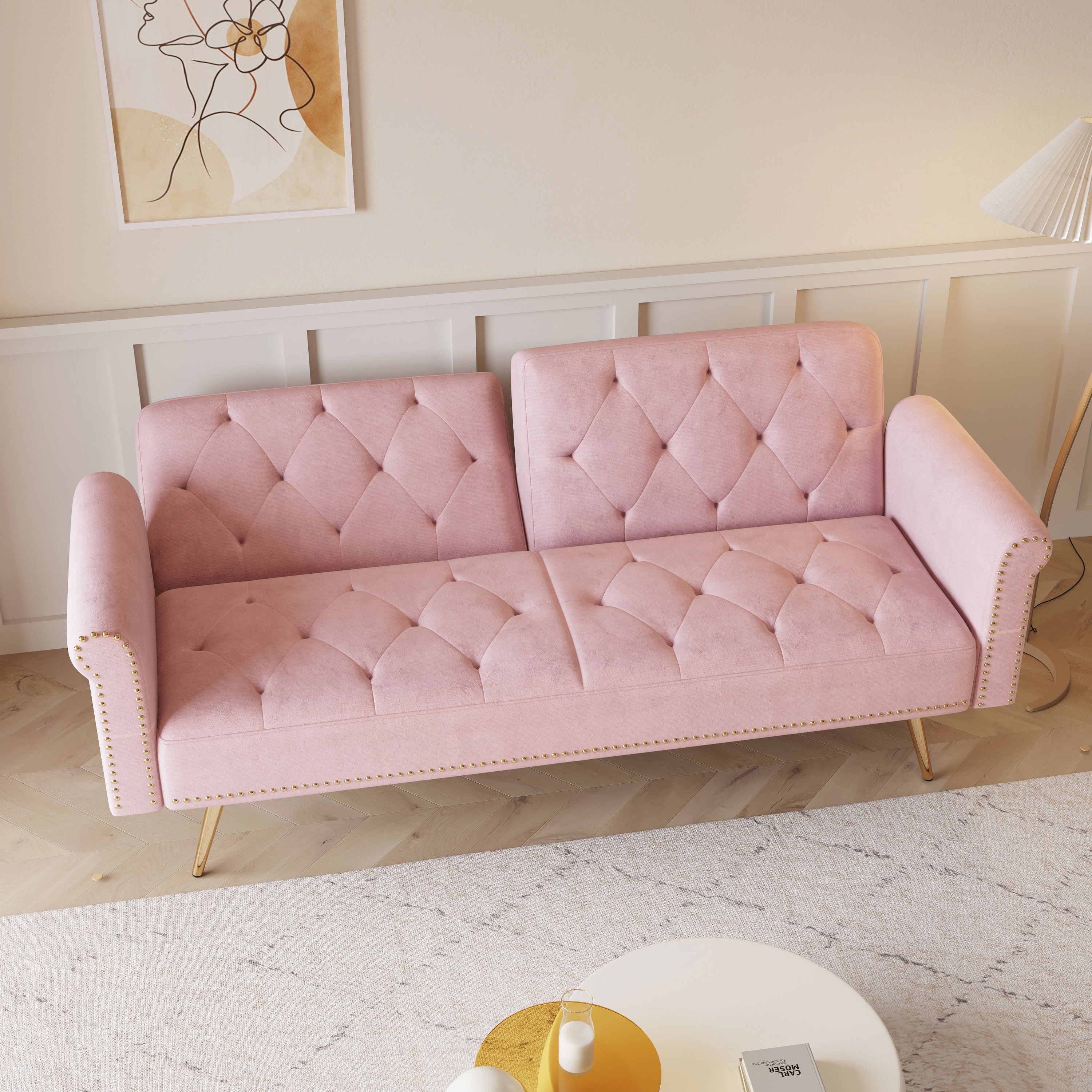 MAYEERTY Convertible Sofa Bed, Loveseat Sofa with Matching Pillows, Velvet Upholstered for Living Room Nooks, Pink
