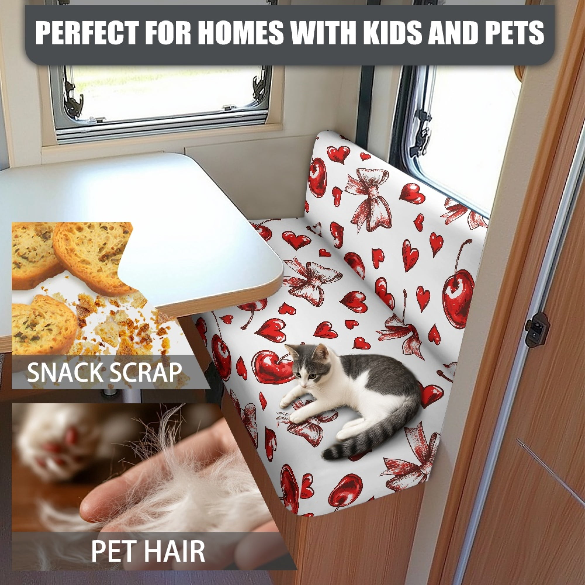 Yuyamidu Cherry RV Dinette Cushion Covers Booth Set Bow Camper Cushions Cover Red Heart RV Couch Covers 2 Pcs Valentine's Day Camper Dinette Seat Covers for Travel Trailer Couch