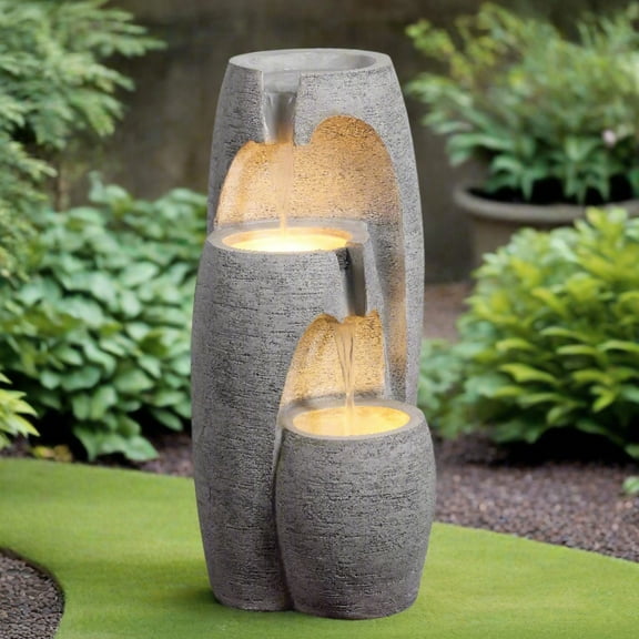 Teamson Home 3-Tier Cascading Urn Outdoor Water Fountain, Warm Glow Lighting with Adjustable Flow & Electric Pump, Gray