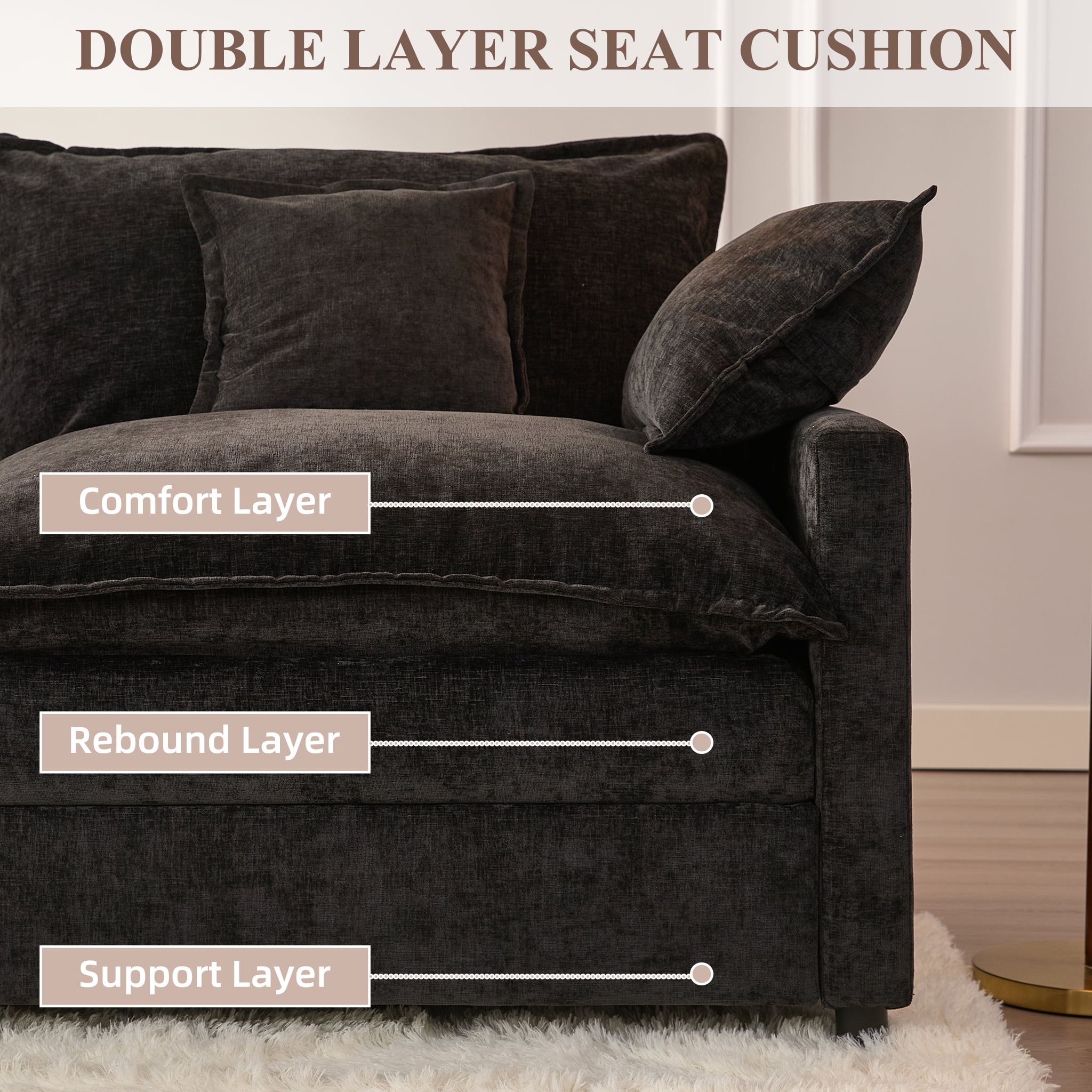LAKPS 3-Seat Sectional Sofa Couch, Cloud-Style Deep Seating Sleeper Sofa with Included Throw Pillows, Chenille Fabric Upholstery, Modern Living Room Sofa, Black