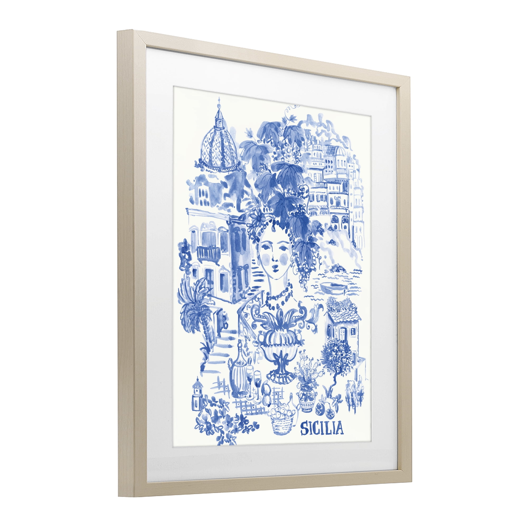 Stupell Industries Sicilia City In Blue Birch Framed Print Under Glass, design by Karolina Sato