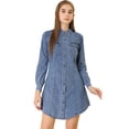 thumbnail image 1 of Vestido Camisero De Mezclilla De Una Línea Con Botones Y Bolsillo En El Pecho Informal De Manga Larga De Algodón Para Mujer Cielo azul M, 1 of 6