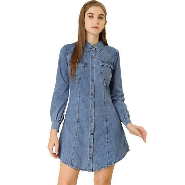 Vestido Camisero De Mezclilla De Una Línea Con Botones Y Bolsillo En El Pecho Informal De Manga Larga De Algodón Para Mujer Cielo azul M