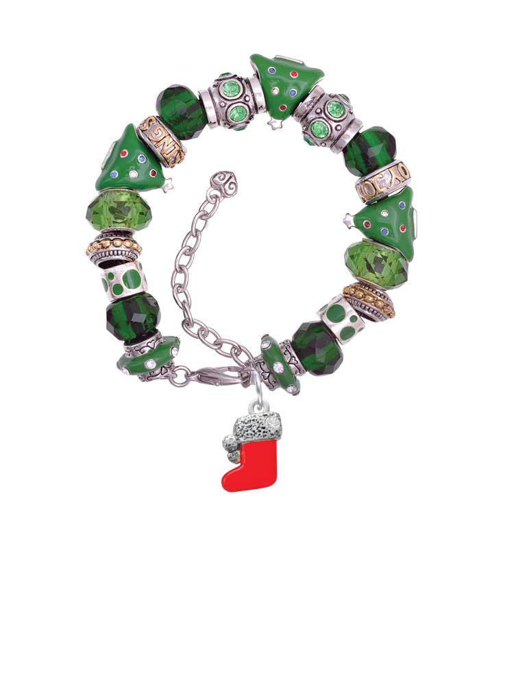 Silvertone 3-D Red Christmas Stocking Green Christmas Bead Bracelet