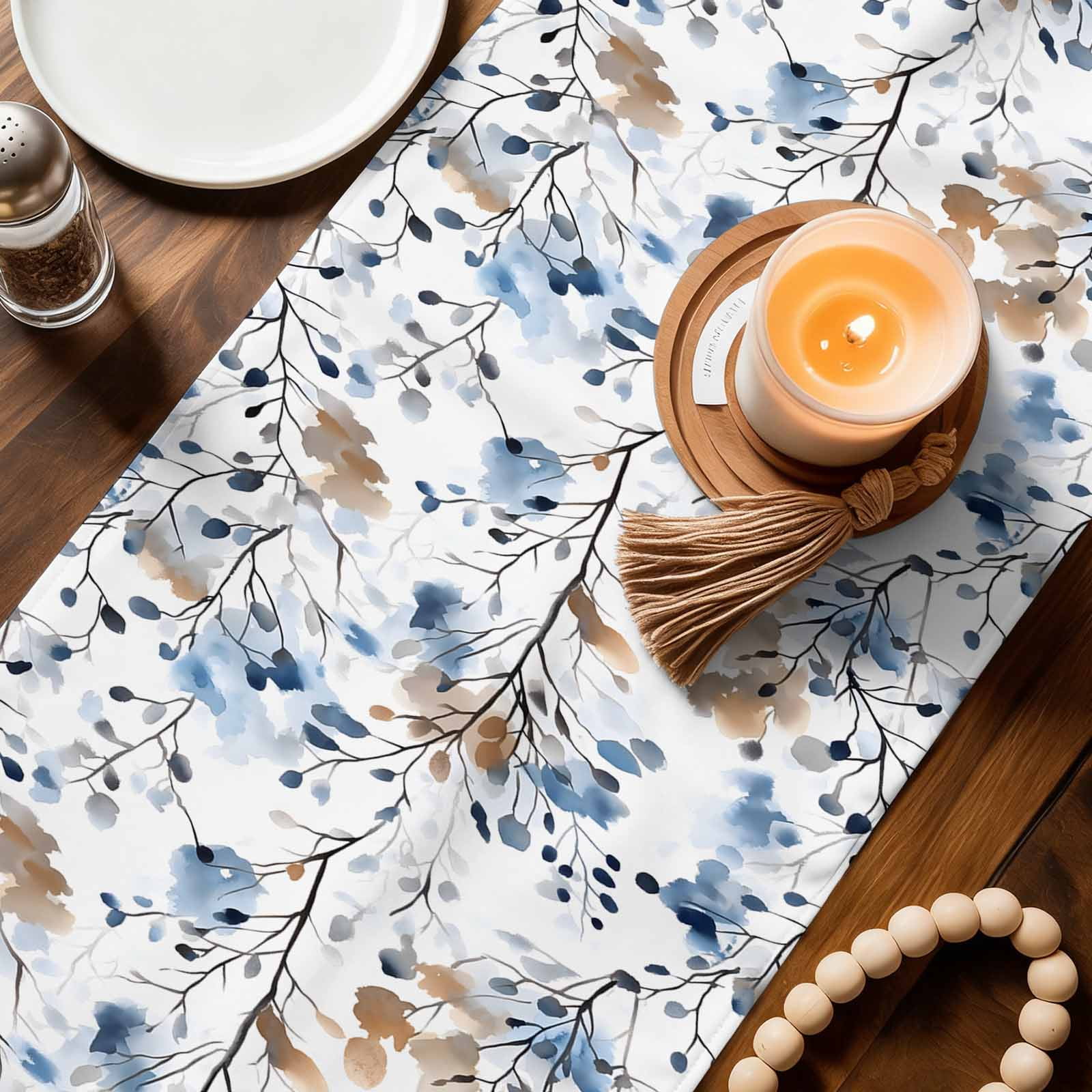 Blue Brown Spring Floral Table Runner, Summer Botanical Art Washable Cotton Linen Table Runners 90 Inches Long, Dresser Scarf Runner for Dining/Coffee/Kitchen/Hallway Tables 13''x90''