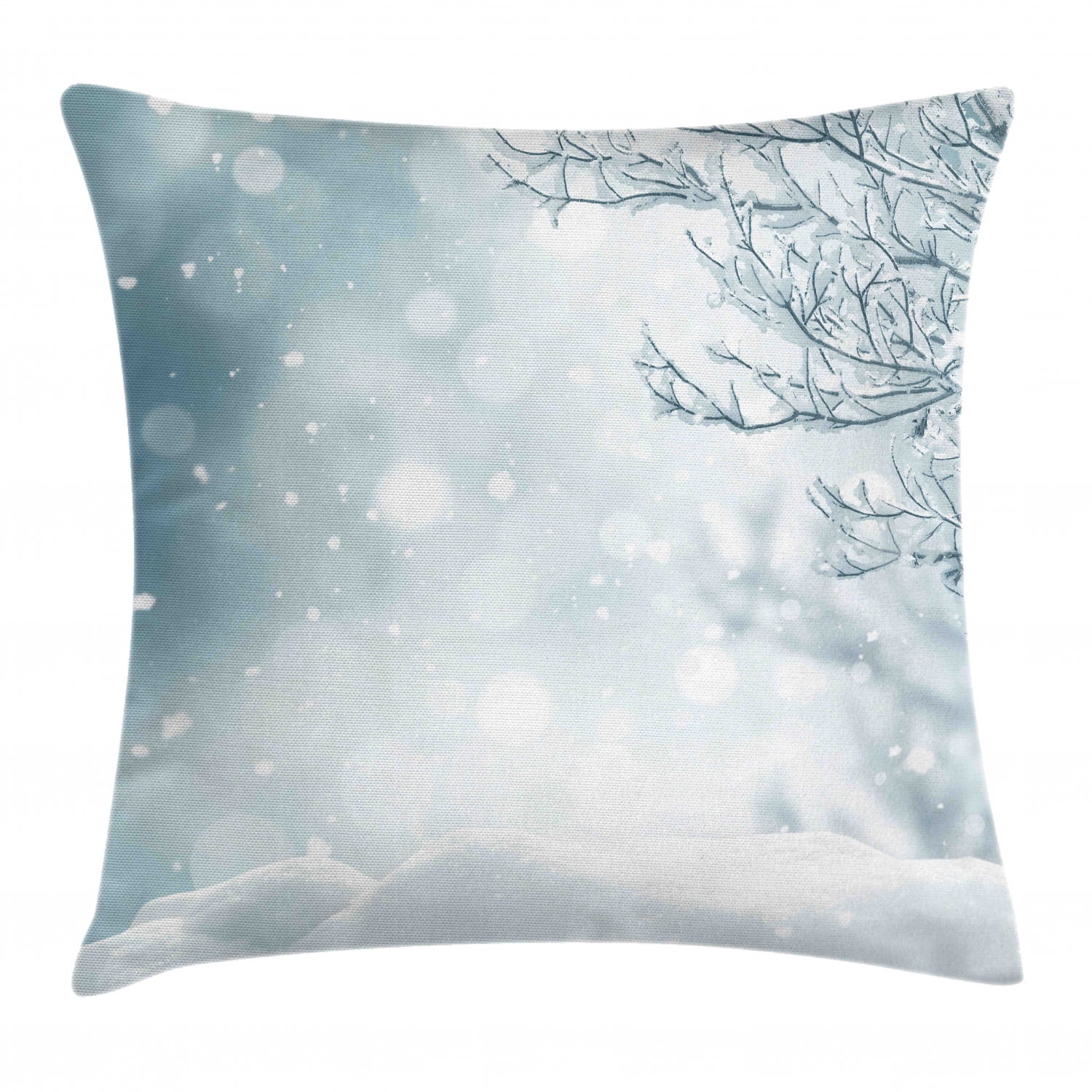 Winter Throw Pillow Cushion Cover, Christmas Image Snow and Frosted Tree Snowflakes Winter