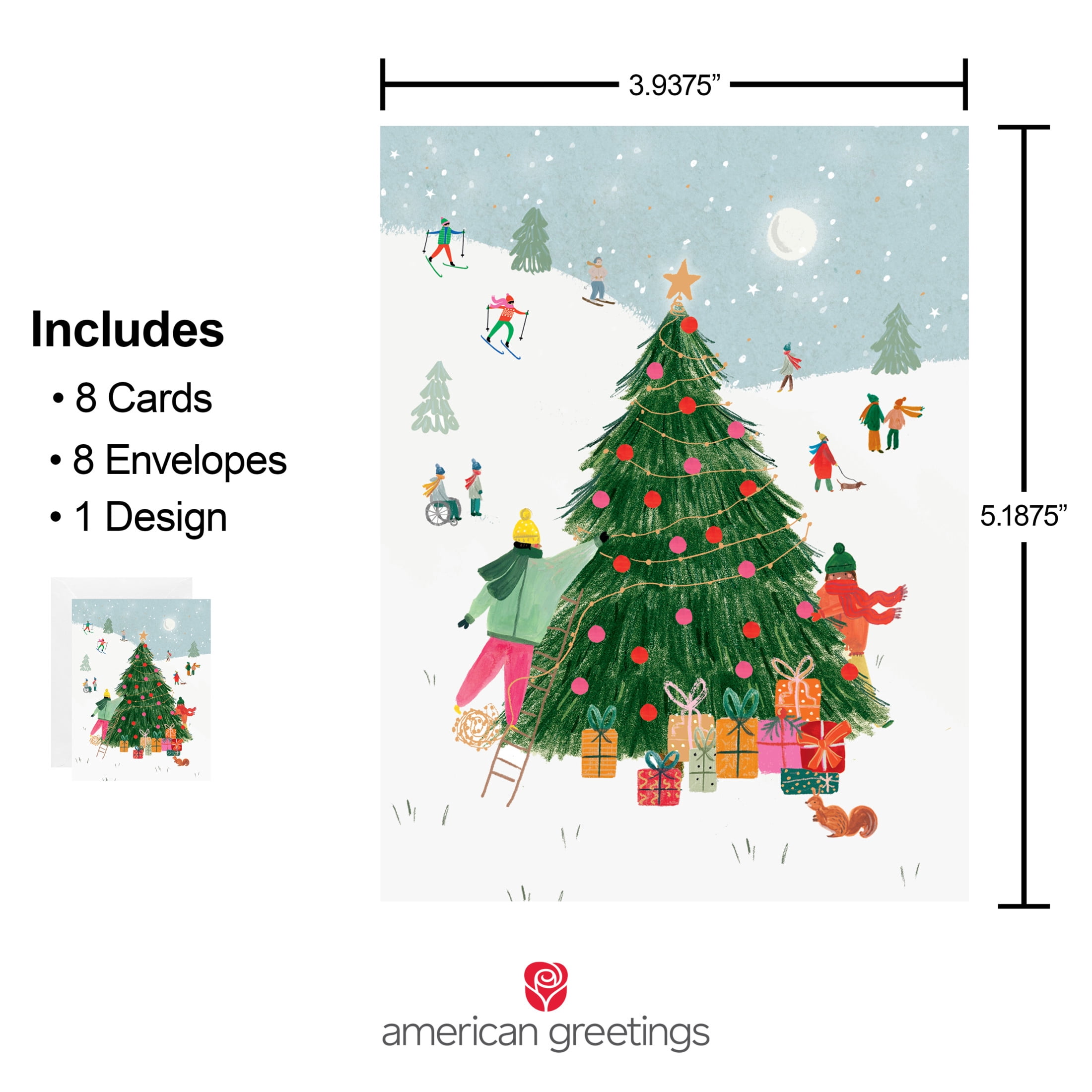 American Greetings 8-Count Christmas Blank Card Pack, Illustrated Tree with Gifts Design