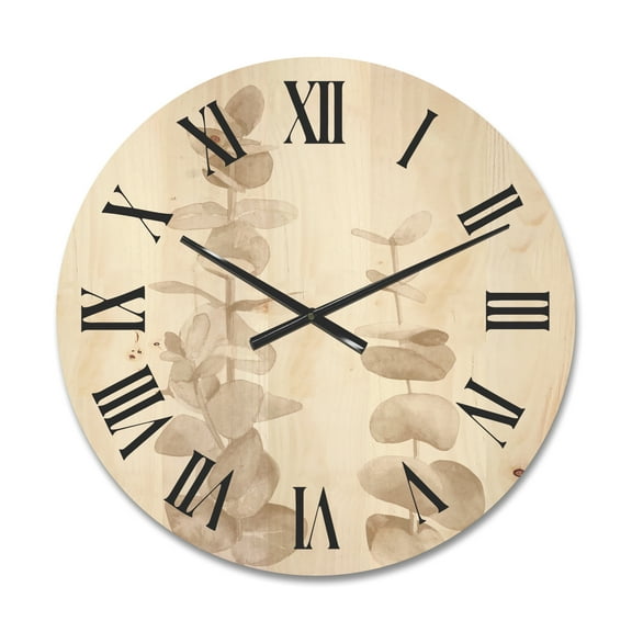 Designart 'Grey Eucalyptus Branches On White' Traditional Wood Wall Clock
