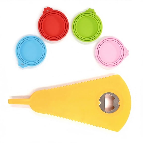 CNDRLEF 4-Pack Universal Silicone Pet Food Can Covers & Lids 1 Multifunction Bottle Opener Set (Fits 3 Sizes – Dog & Cat Food Can Toppers)