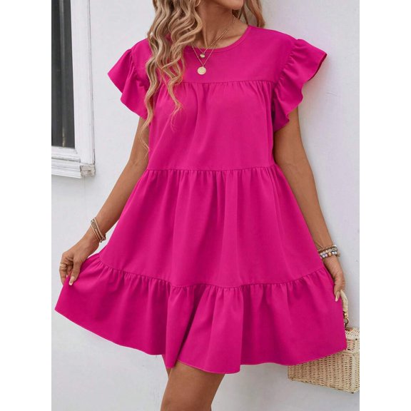Hot Pink Solid Ruffle Hem Smock Dress With Flutter Sleeves For Casual Holiday Wear