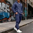 thumbnail image 5 of Men's Winter 2-Piece Outdoor Tracksuit, Fleece-Lined Solid Color Hooded Sweatshirt Jacket and Elastic Waist Cargo Joggers, For Casual Adventures,Navy,3XL, 5 of 9