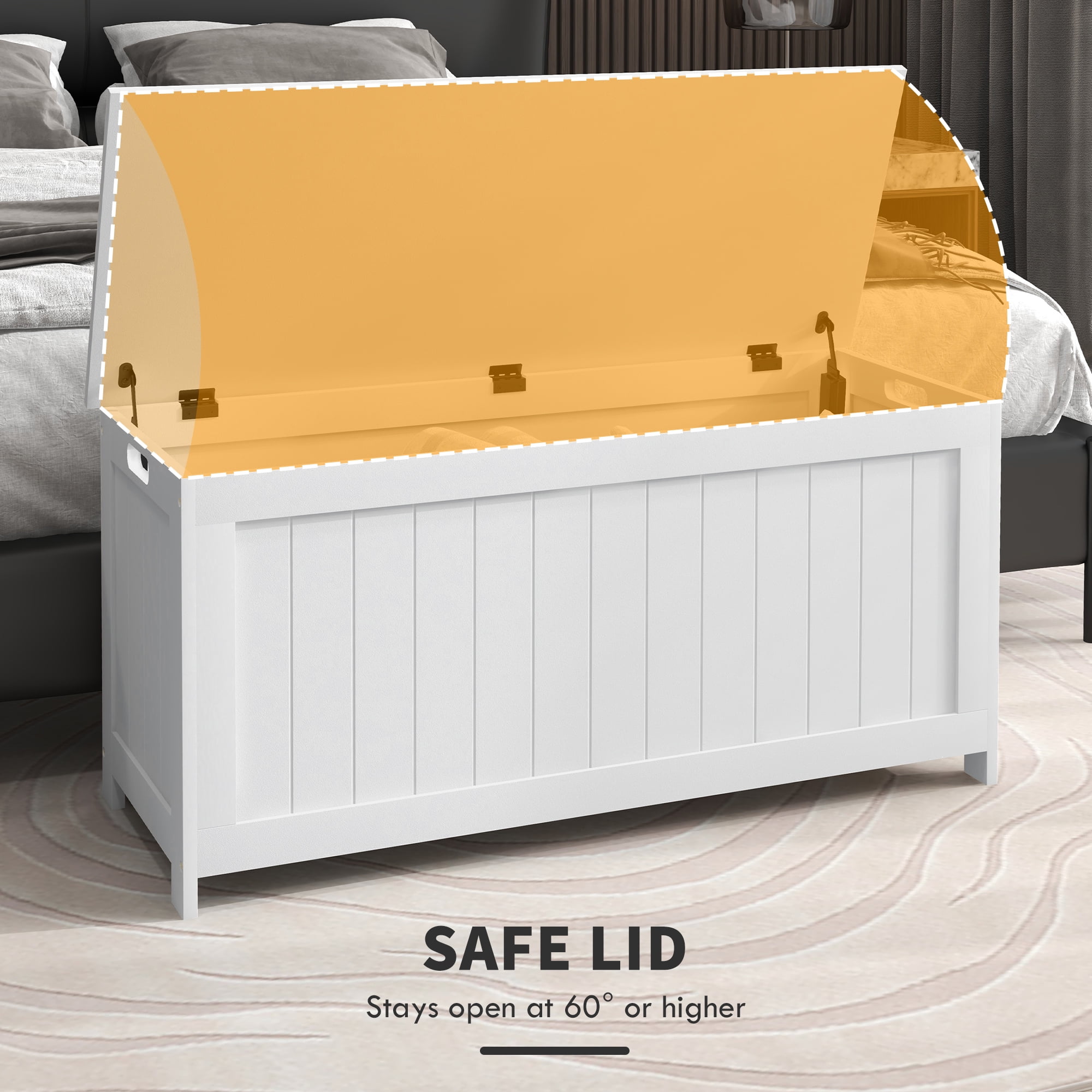 HOMCOM 39.4" Storage Chest w/ 2 Safety Hinges, Wooden Box, White