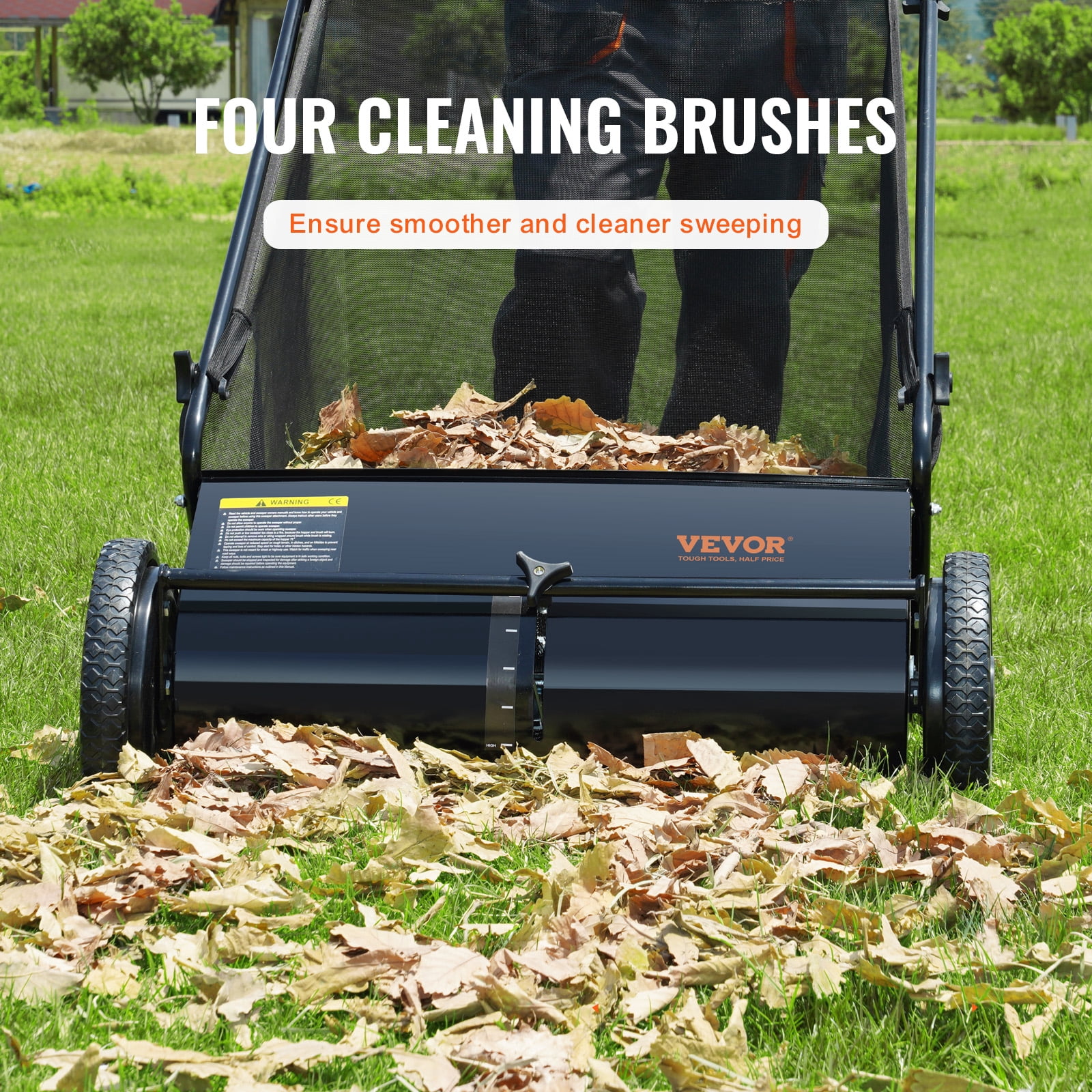 VEVOR Push Lawn Sweeper, 26-inch Leaf & Grass Collector, Strong Rubber Wheels & Heavy Duty Thickened Steel, Durable to Use with Large Capacity 7 Cu. ft. Mesh Collection Hopper Bag, 4 Spinning Brushes