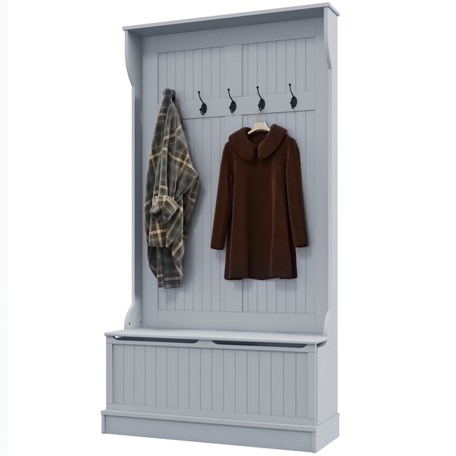 CoSoTower Modern 3-In-1 Entryway Hall Tree with Coat Rack, Bench and Shoe Storage, 5 Hooks for Hallway, Living Room, Grey