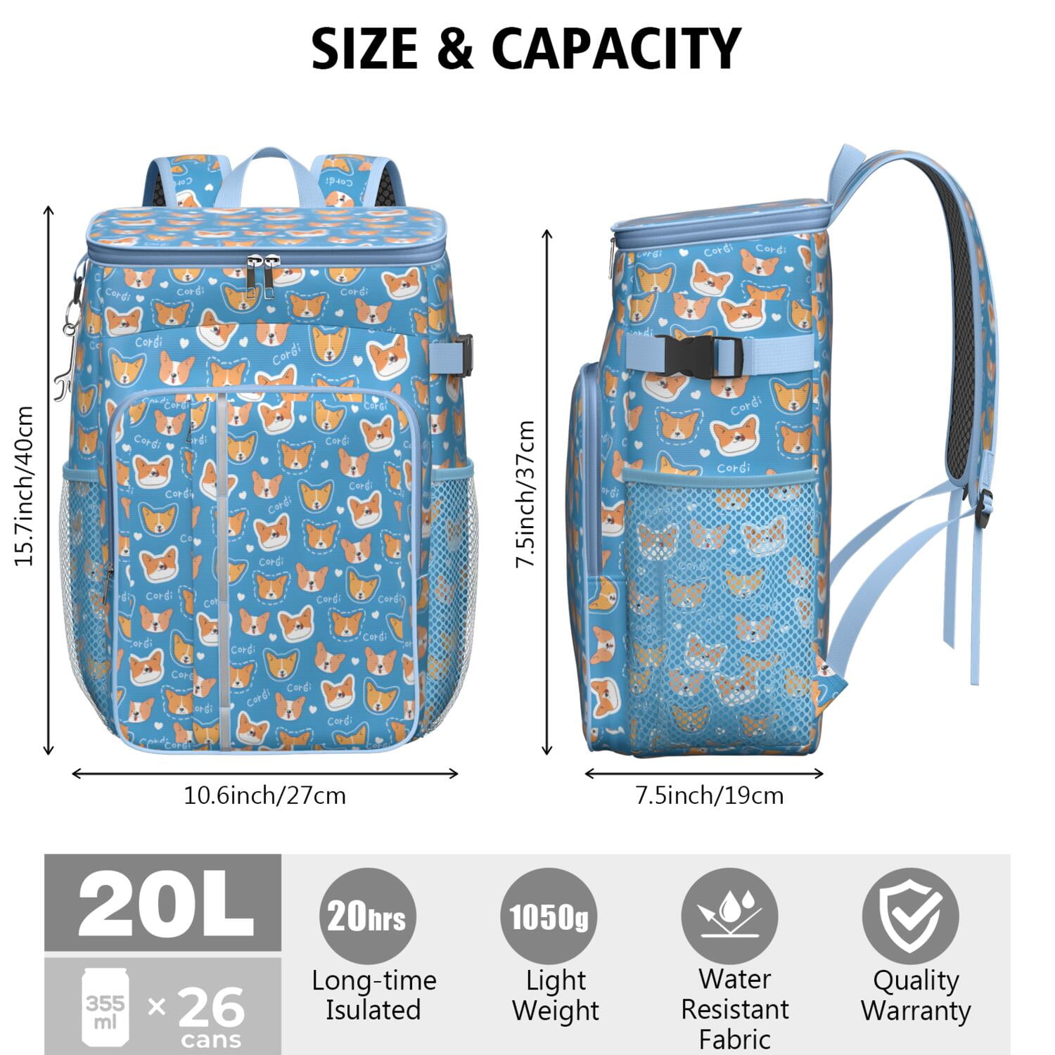 Travel Cooler Bag - Cartoon Corgi Camping Beer Cooler Backpack with Bottle Opener- Waterproof Insulated Picnic Backpacks - Cooler Bag for Beach