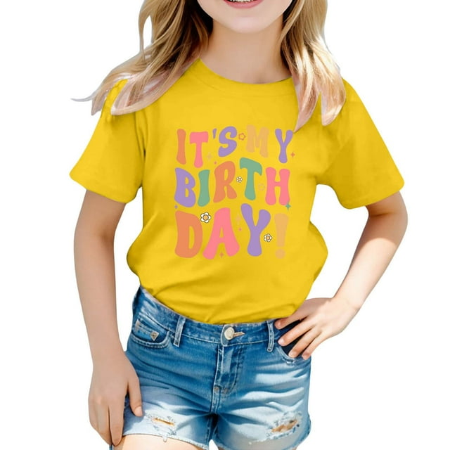 Icvfdpl T-Shirts Filles Thème Anniversaire Imprimé Fête T-Shirt Hauts Vêtements Mignons Respirants 8-9 Ans