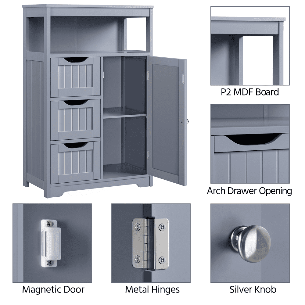 Fullfurnique Bathroom Floor Cabinet with 1 Door and 3 Drawers, Gray