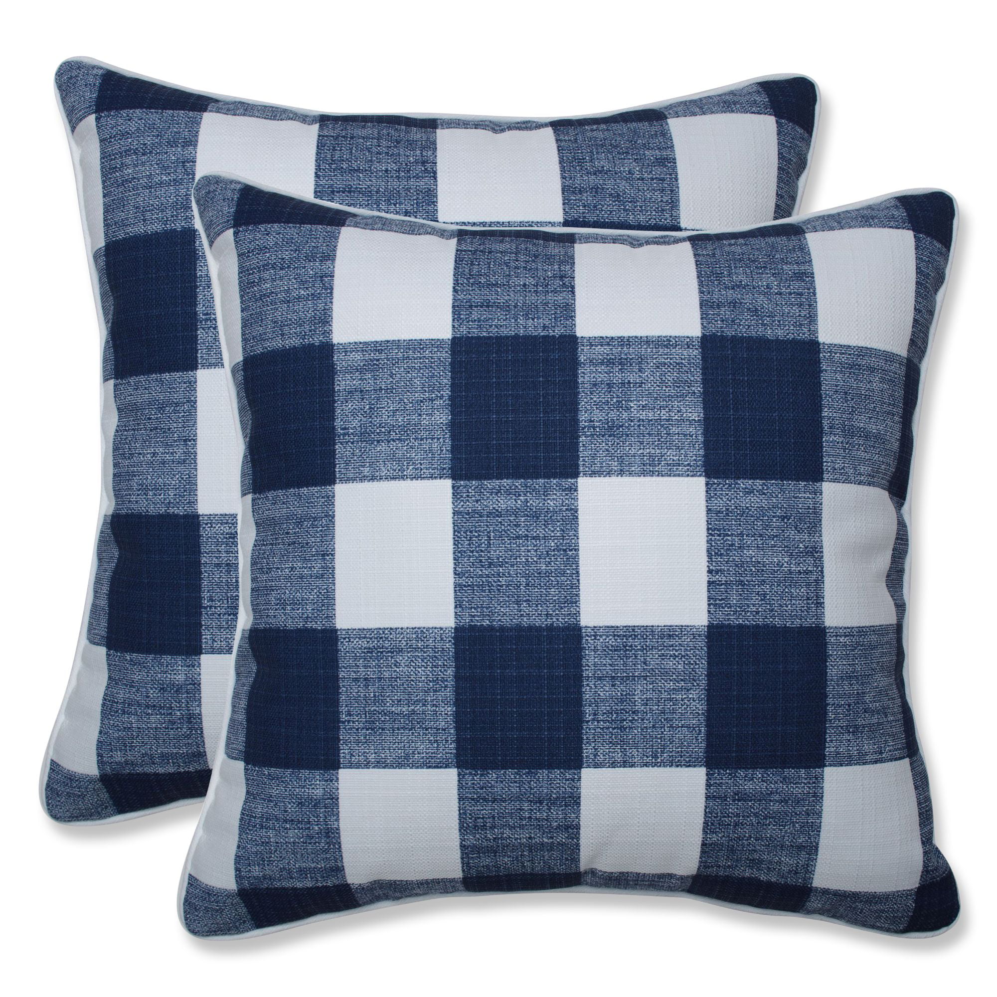 Set of 2 Blue and White Buffalo Checkered UV Resistant Outdoor Patio Square Throw Pillows 18.5