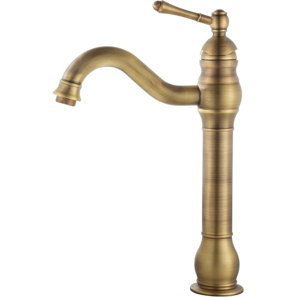 Grifo de baño vintage, grifo de lavabo alto de construcción de latón macizo con caño giratorio de 360°, superficie de latón envejecido cepillado a mano para tocador retro, instalación de montaje en