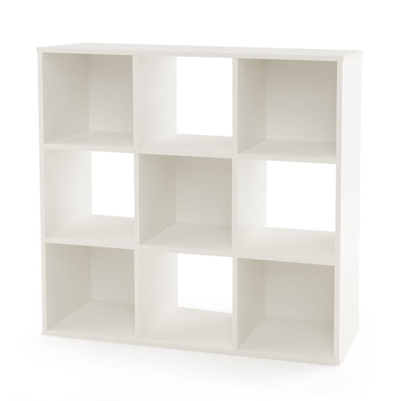 Furnibear White Wooden Cube Bookcase 9 Cube Storage Organizer 4 Tier Book Shelf with Anti Toppling Devices Non Slip Foot Pads and Screw Hole Covers for Nursery Playroom