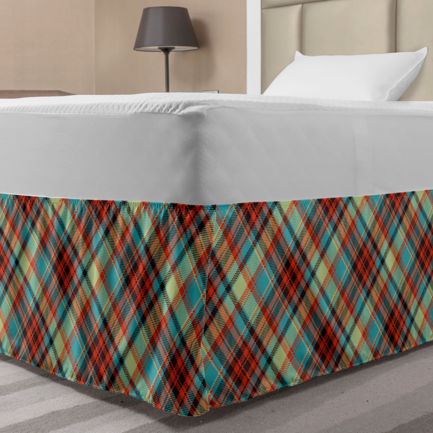 Plaid Bed Skirt, Abstract Pixel Art Crossing Lines, Elastic Bedskirt