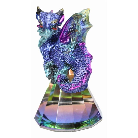 Metallic Blue Dragon Perching On Iridescent Pyramid Glass Small Figurine