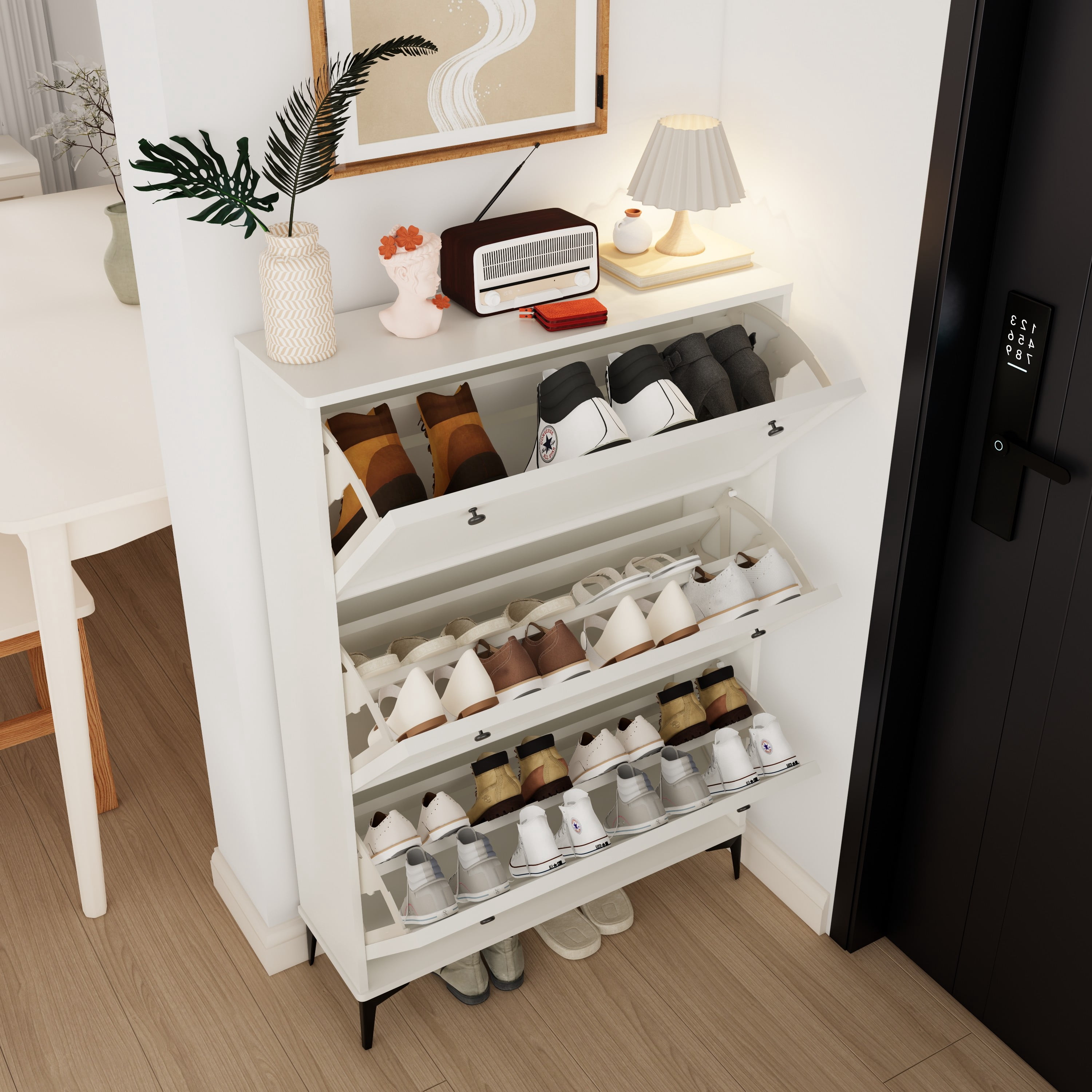 Miniyam Shoe Cabinet, Flip Down Storage Organizer for Entryway, White