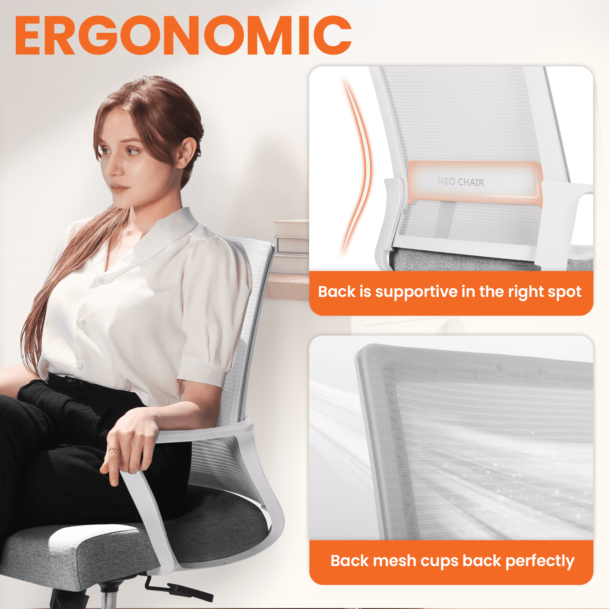 NEO CHAIR Office Chair Gaming Desk Computer Chair Ergonomic Mesh Mid Back with Wheels Lumbar Support Comfy Swivel Adjustable for Home (Grey)