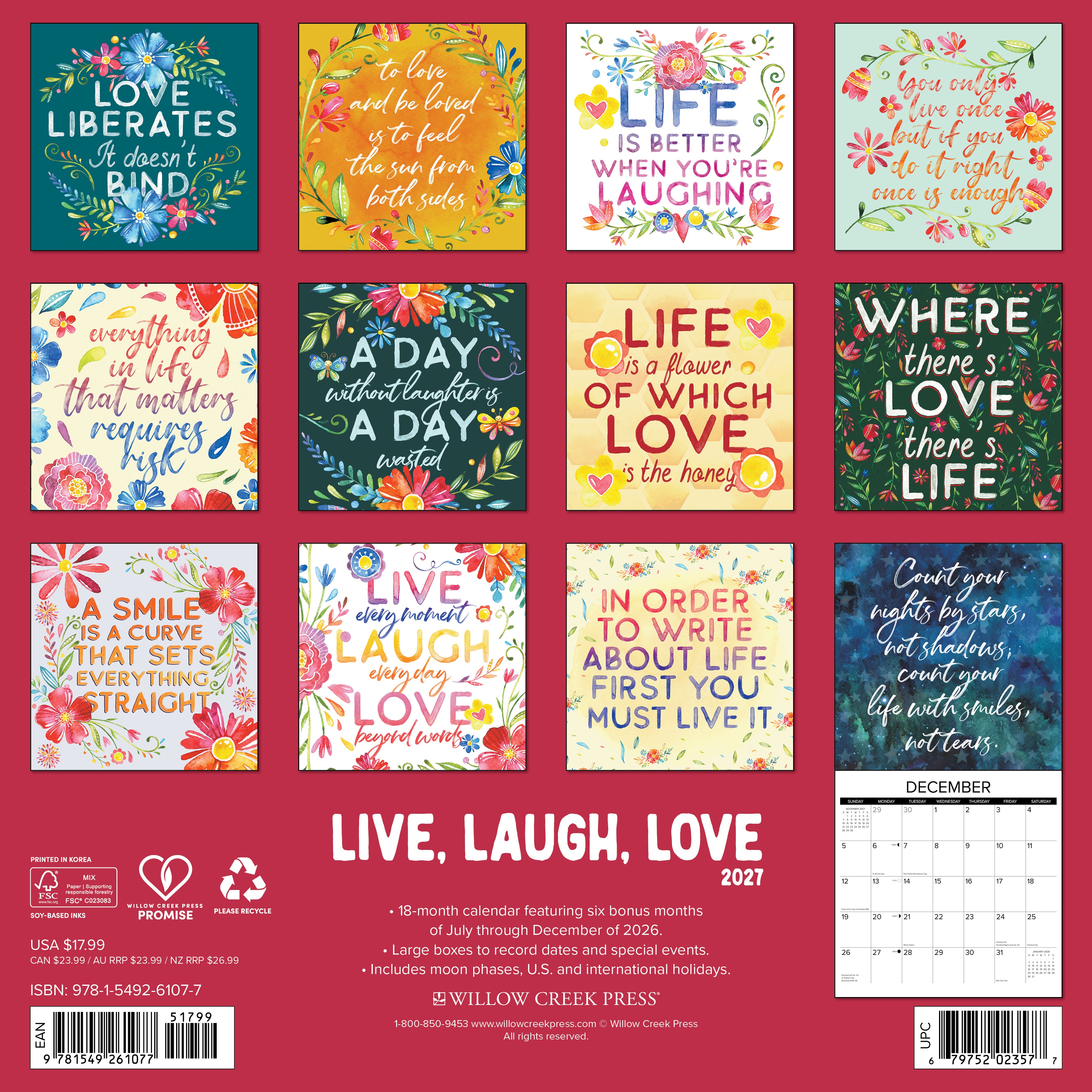 Willow Creek Press, Live, Laugh, Love 2027 Wall Calendar