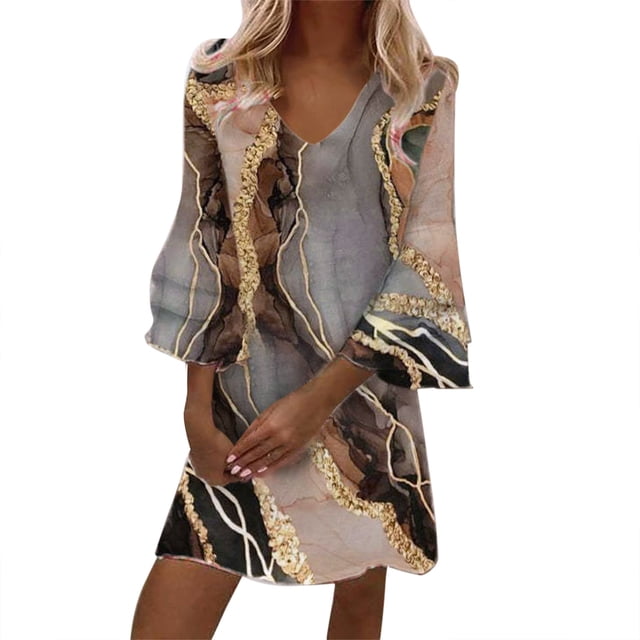 Robes d'Été Mignonnes Manches Trois Couches Volant Col en V Ample Imprimé Floral Mini Grande Taille Robe K TG