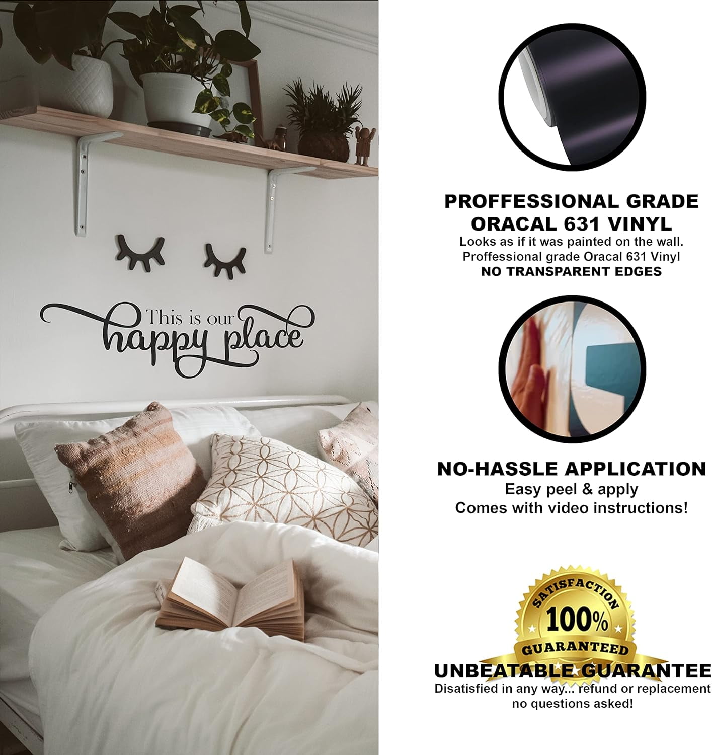 QTH Large This is Our Happy Place Wall Sticker Dining Room Wall Decal for Living Room Family Decor Sign Quote Wall Art Vinyl Wall Decal Kitchen Bed Room Words and Saying Rustic Farmhouse