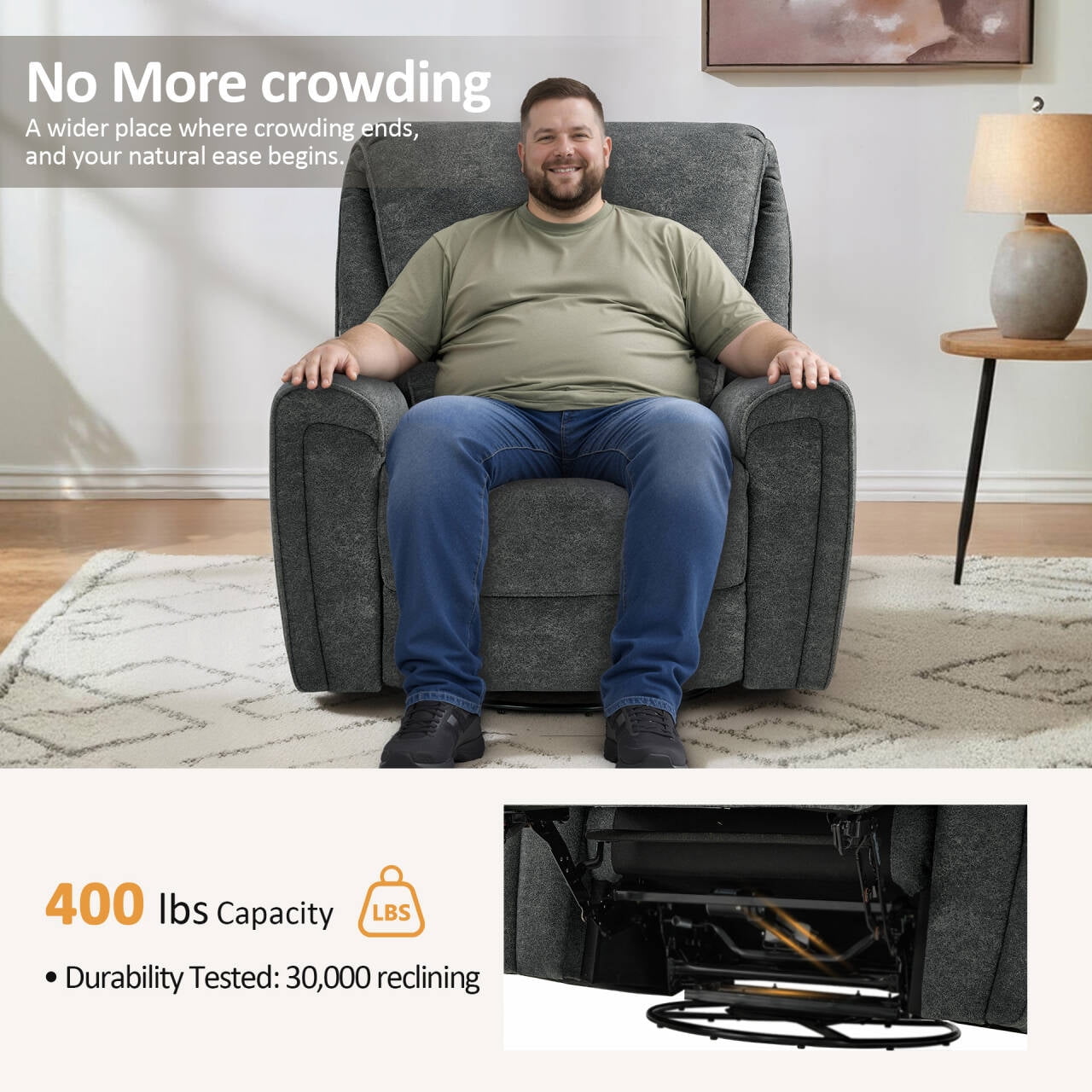 MCombo 400lbs Oversized Swivel Rocker Power Recliner Chair for Big and Tall People, Fabric, Dark Grey