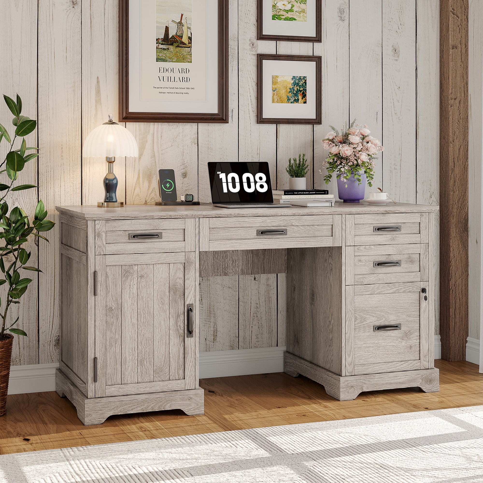 Executive Desk with File Drawers, 55'' Farmhouse Desk Modern for Adult Home Office, Wash Gray