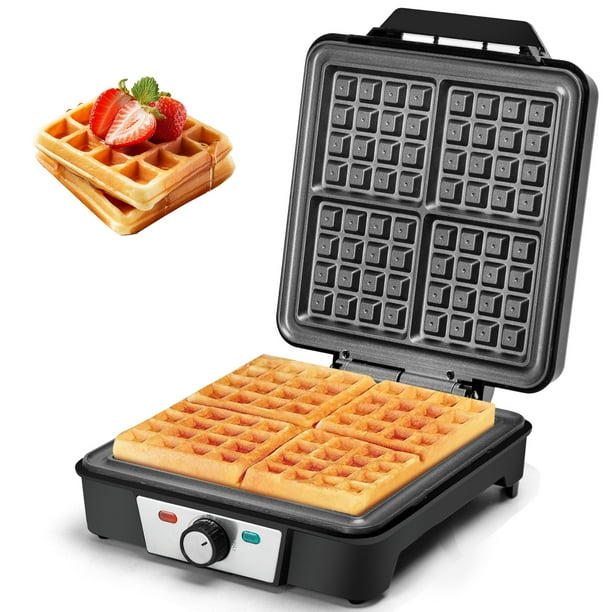 Aigostar Wafflera Eléctrica 1200W, Placa Grande de 4 Porciones, Temperatura Ajustable, Doble Luz Indicadora, Placa Antiadherente, Color Negro
