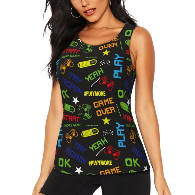 Balery Pixel Game Camiseta sin mangas estampada ligera para mujer, tops de entrenamiento sin mangas, camisetas de yoga transpirables de secado rápido.-XX-Large