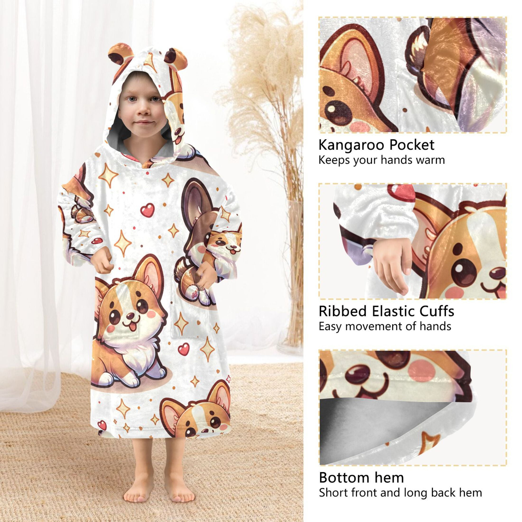 joogoo Wearable Blanket Hoodie for Kids Cute Corgi Dogs Stars Flannel Oversized Sweatshirt 3-14 Years M