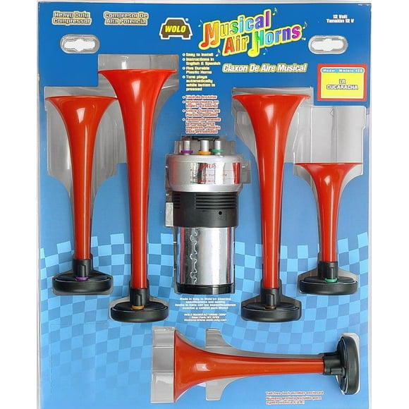 Wolo MFG Air Horn 425 Musical Air Horns; La Cucaracha; Round Trumpet; Longest Trumpet 10-1/2 Inch/Shortest Trumpet 5-1/2 Inch; Polished; Red; Plastic