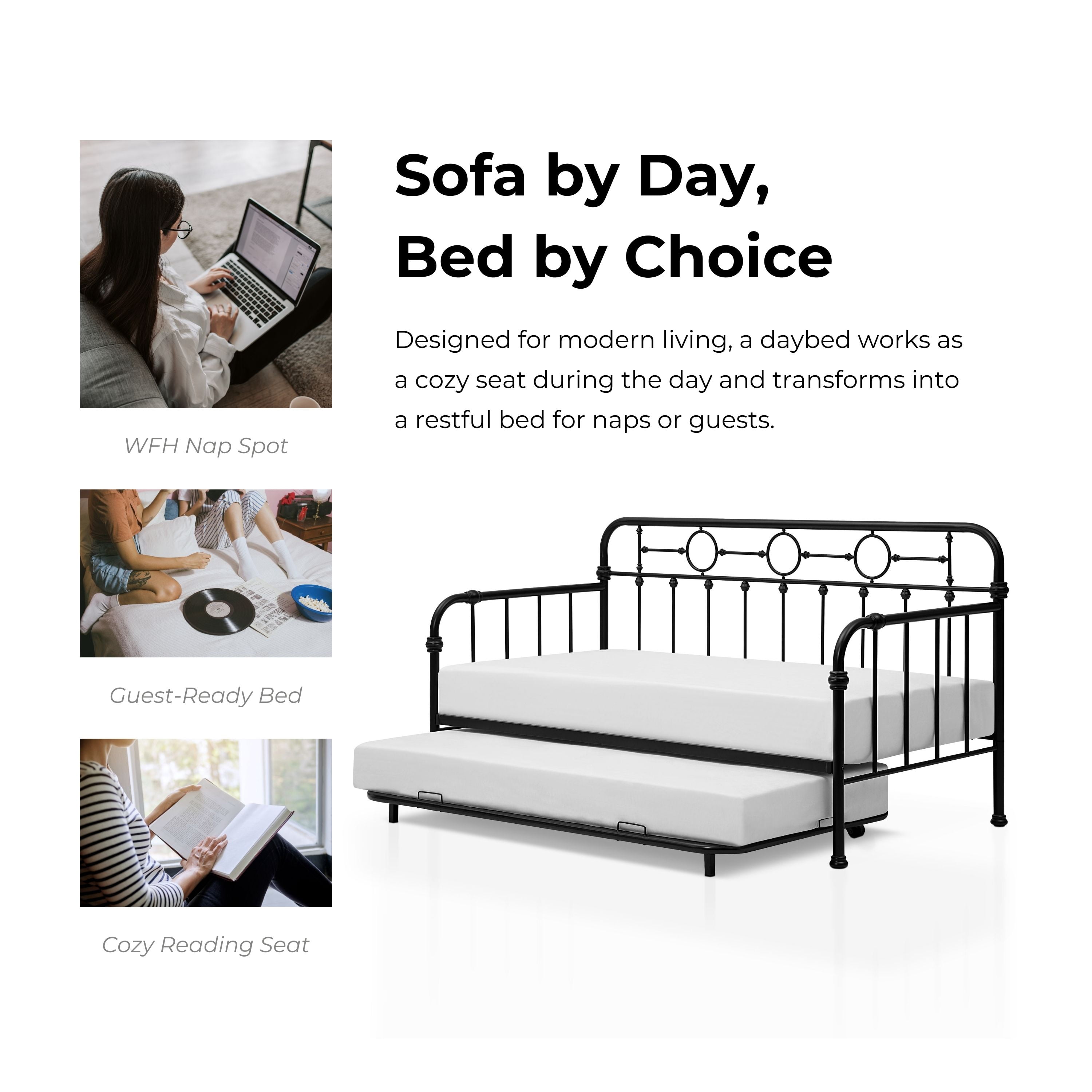 Furniture of America Willow Metal Daybed with Trundle Set, Black