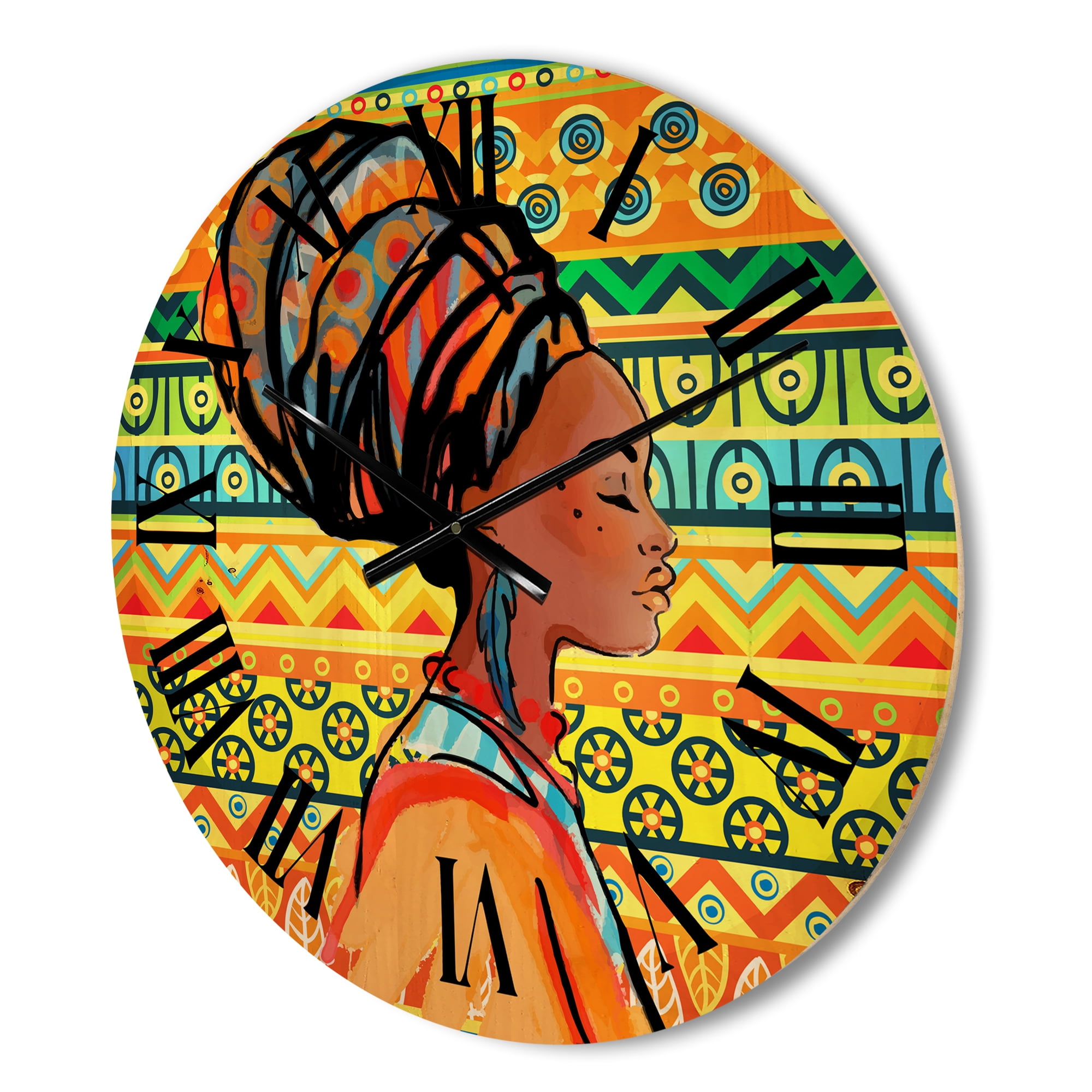 Designart 'African American Woman Portrait with Turban III' Modern Wood Wall Clock