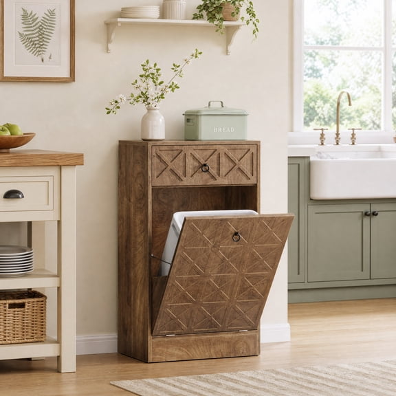 Fnova Farmhouse Tilt-Out Trash Cabinet with Drawer, Fluted Pet-Proof & Odor-Containing Storage for Kitchen, Dining Room, Brown