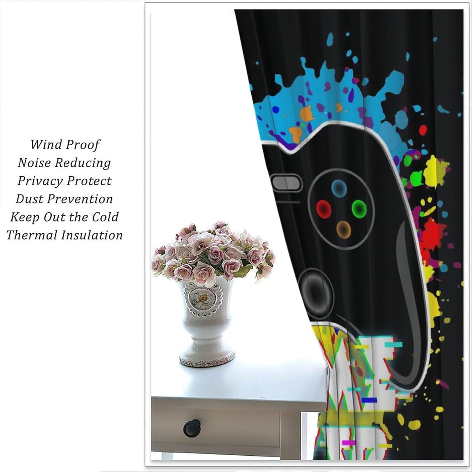 Gamer Blackout Curtains, Fun Colorful Graffiti Art Gamepad Neon Controller Print Rod Pocket Window Treatments Drapes for Boys Girls Teens Bedroom Living Room Playroom Decor 72x63in