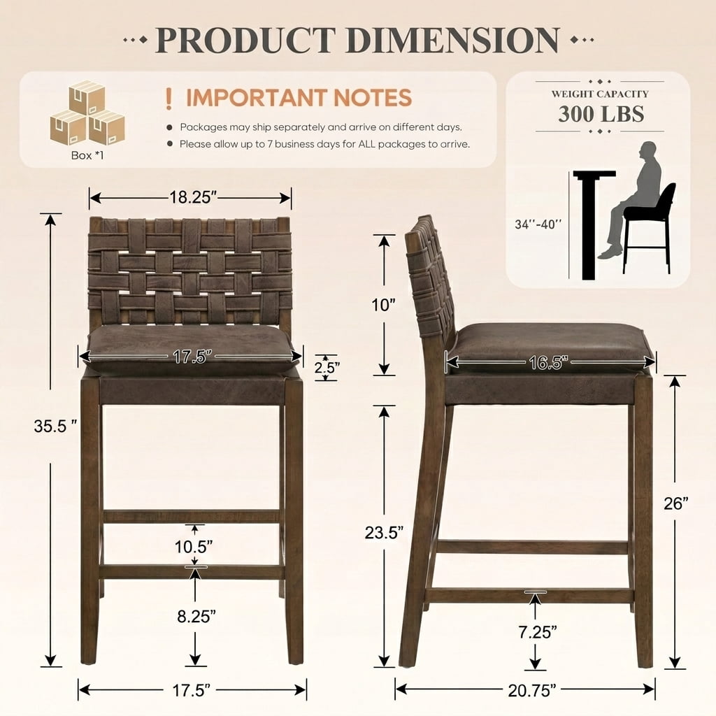 Guyou 26" Rattan Bar Stools Set of 4, Farmhouse Woven Wooden Counter Height Stools with Footrest, Leather Upholstered Bar Chairs for Kitchen Island, Pub & Bar, Brown